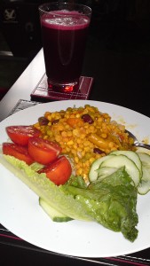 Channa dal, wholegrain basmati rice, salad and vegetable juice