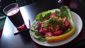 Channa dal, whole grain basmati rice, salad and vegetable juice Channa dal, whole grain basmati rice, salad and vegetable juice
