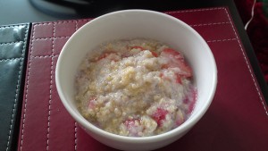 Quinoa, soy milk, straweberries, raspberries and agave nectar