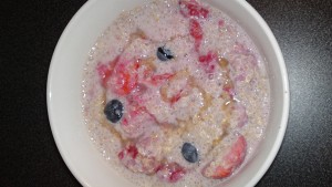 Quinoa, soy milk, strawberries, blueberries, raspberries and agave nectar