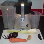 Carrot, beetroot, celery, ginger root and cucumber (forgot to include in photo!) ready for juicing