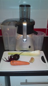 Carrot, beetroot, celery, ginger root and cucumber (forgot to include in photo!) ready for juicing
