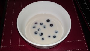 Red quinoa (Inca red quinoa), almond milk, blueberries and agave nectar