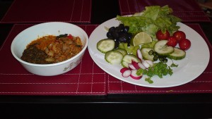 Baingan-ka-bharta, red and brown lentils with salad