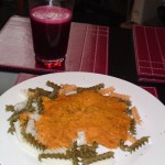 Red lentils, organic gluten-free pasta and vegetable juice