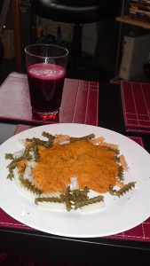 Red lentils, organic gluten-free pasta and vegetable juice