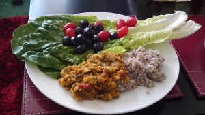 Chana dal and aubergine with buckwheat and salad