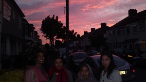 My sister, mum, nan and wife stood outside my aunt's house arriving for an Eid dinner