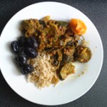 Vegetable curry, black olive, and wholegrain basmati rice